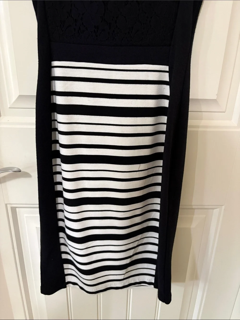 Weston Wear by Anthropologie Black and White Striped Sheath Dress with Lace Back